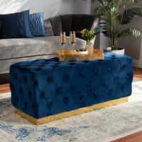 Baxton Studio WS-4228-Navy Blue Velvet/Gold-Otto Corrine Glam and Luxe Navy Blue Velvet Fabric Upholstered and Gold PU Leather Ottoman